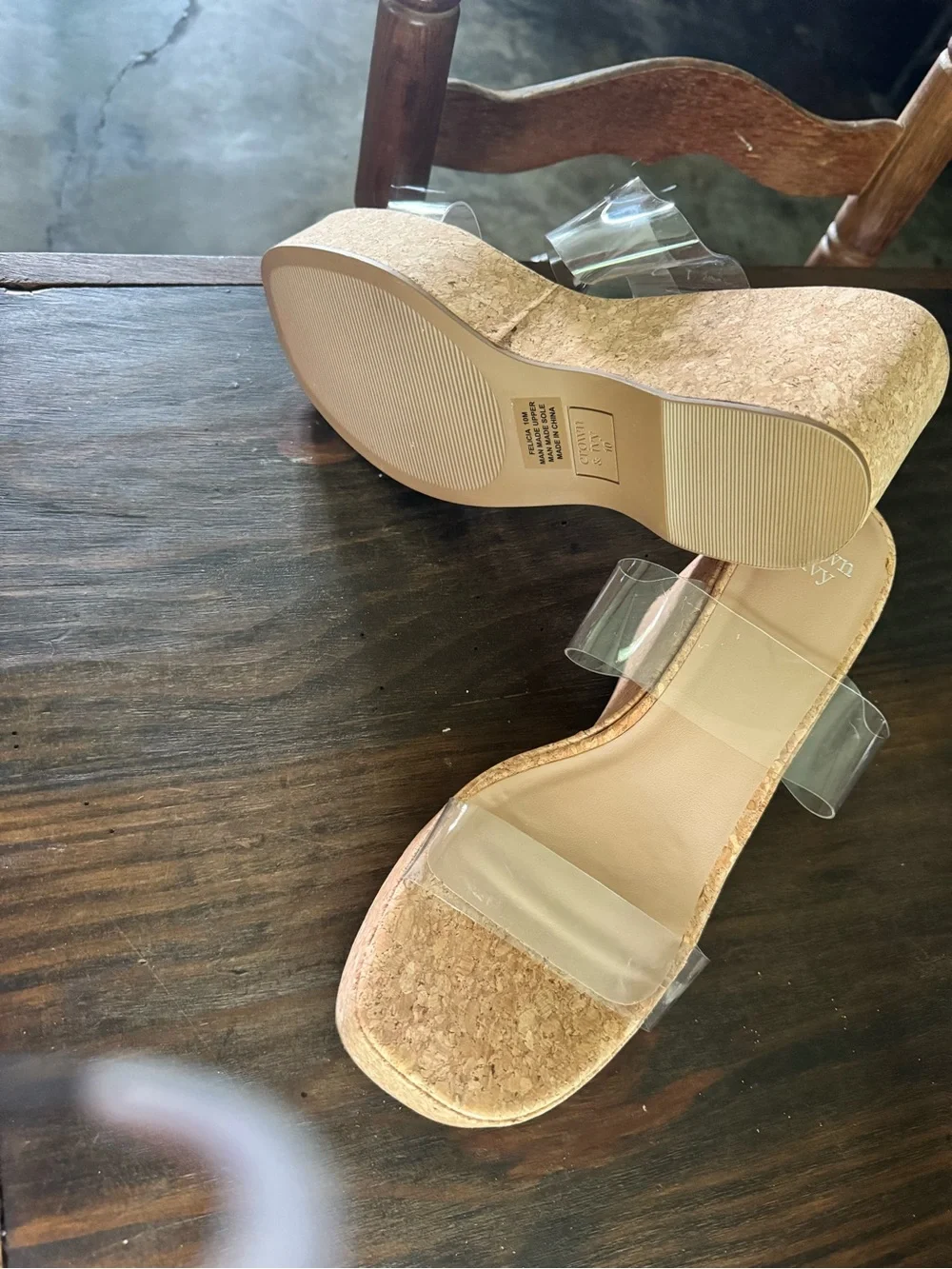 crown & ivy Clear Strap Cork Platform Wedges - Beige